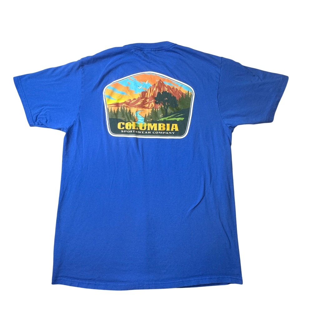 Columbia T-Shirt Mens M Blue Graphic Tee Mountain Landscape Short‎ Sleeve Cotton